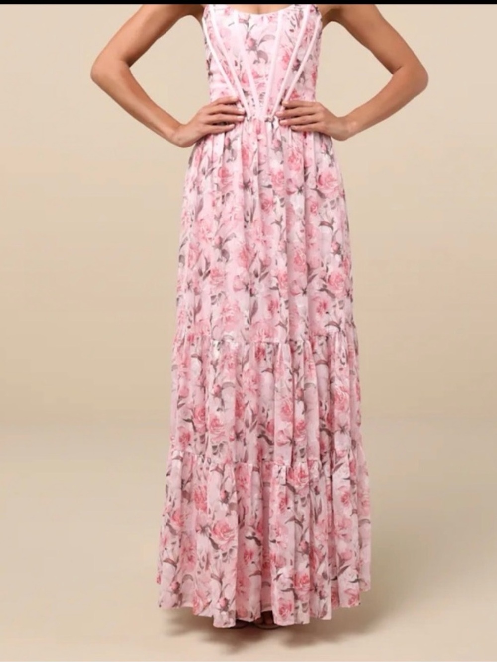 Lulu's Pink Floral Strapless Bustier Maxi Dress